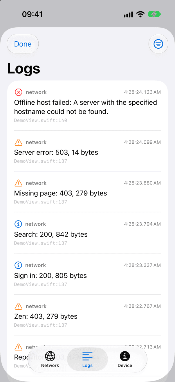 La pestaña Logs con mensajes info, warning y error de la app de ejemplo, cada uno con su categoría, hora y línea de origen