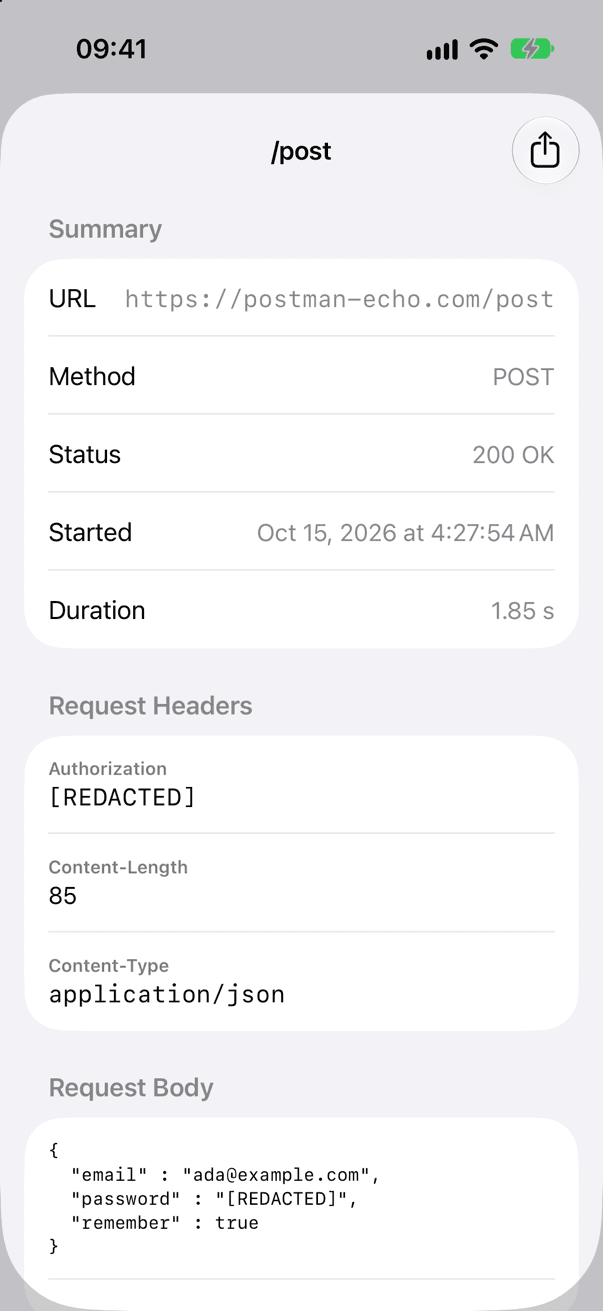 Una request de inicio de sesión abierta en la consola: el header Authorization y la contraseña en el body JSON muestran [REDACTED]