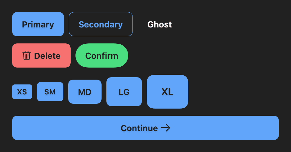 DSButton-Varianten und -Größen, gerendert im Dark Mode