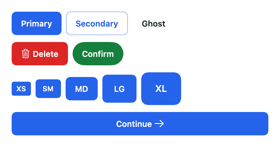 DSButton-Varianten und -Größen, gerendert im Light Mode