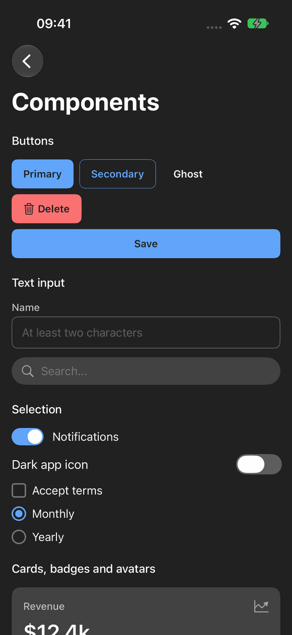 Komponenten-Screen der Beispiel-App im Dark Mode