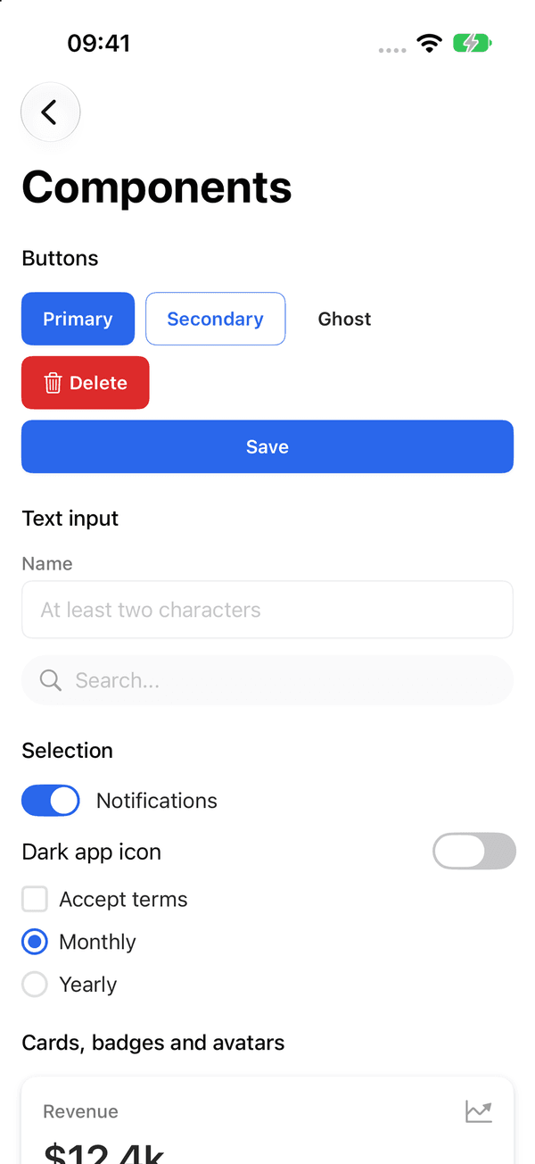 Komponenten-Screen der Beispiel-App im Light Mode