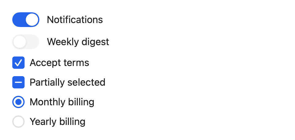 Toggles, Checkboxes und Radio-Buttons im Light Mode