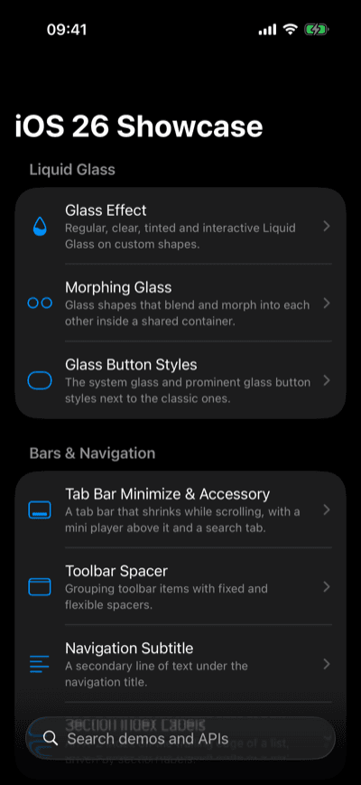Die Demo-Galerie, gruppiert nach Kategorie, Dark Mode