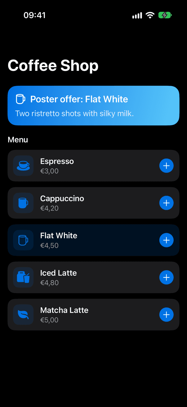 Poster URL'siyle açılan örnek App Clip: Flat White teklifi, koyu tema