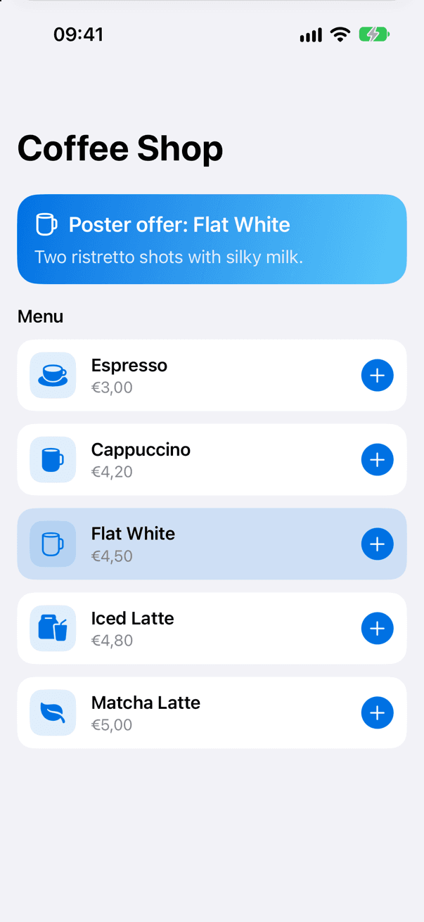 Poster URL'siyle açılan örnek App Clip: Flat White teklifi, açık tema