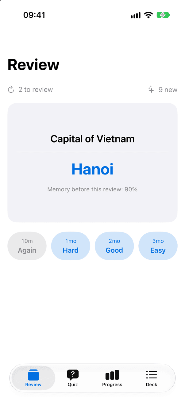 La pantalla de repaso de la app de ejemplo: la tarjeta Capital of Vietnam con su respuesta Hanoi, memoria al 90 % y cuatro botones de valoración con las etiquetas 10m Again, 1mo Hard, 2mo Good y 3mo Easy