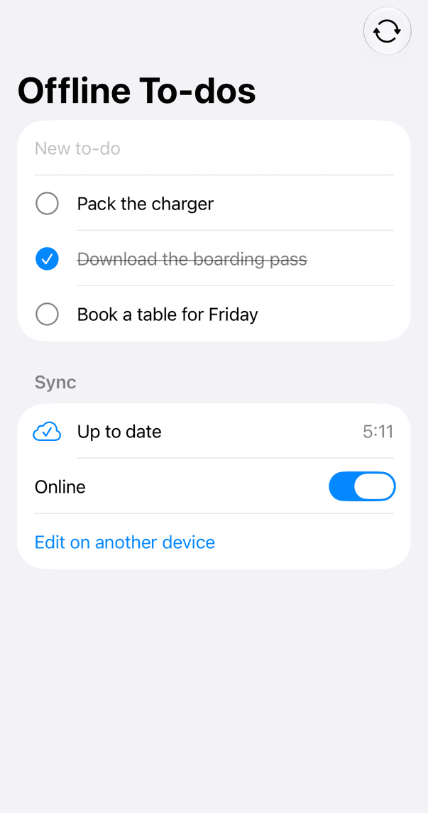 OfflineTodos örnek uygulaması iPhone simülatöründe, tüm yapılacaklar senkronize, açık tema