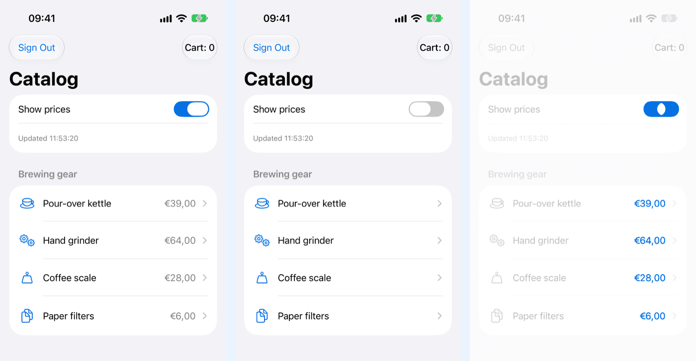 Tres screenshots de teléfono lado a lado: el catálogo con precios, el catálogo con los precios ocultos, y una imagen de diferencia difuminada en la que solo los precios y el switch están resaltados en azul