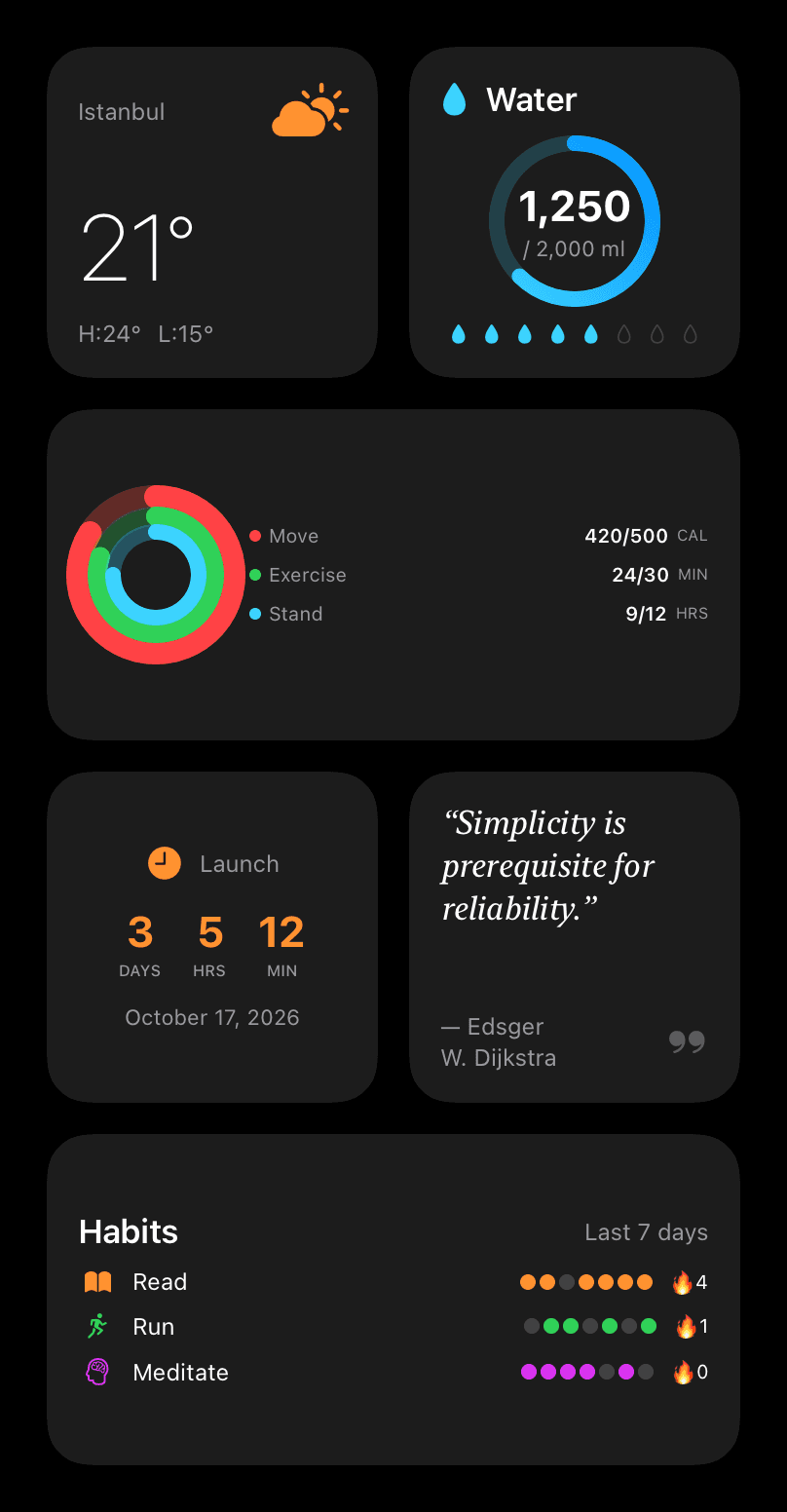 Dieselben Home-Screen-Widgets im Dark Mode