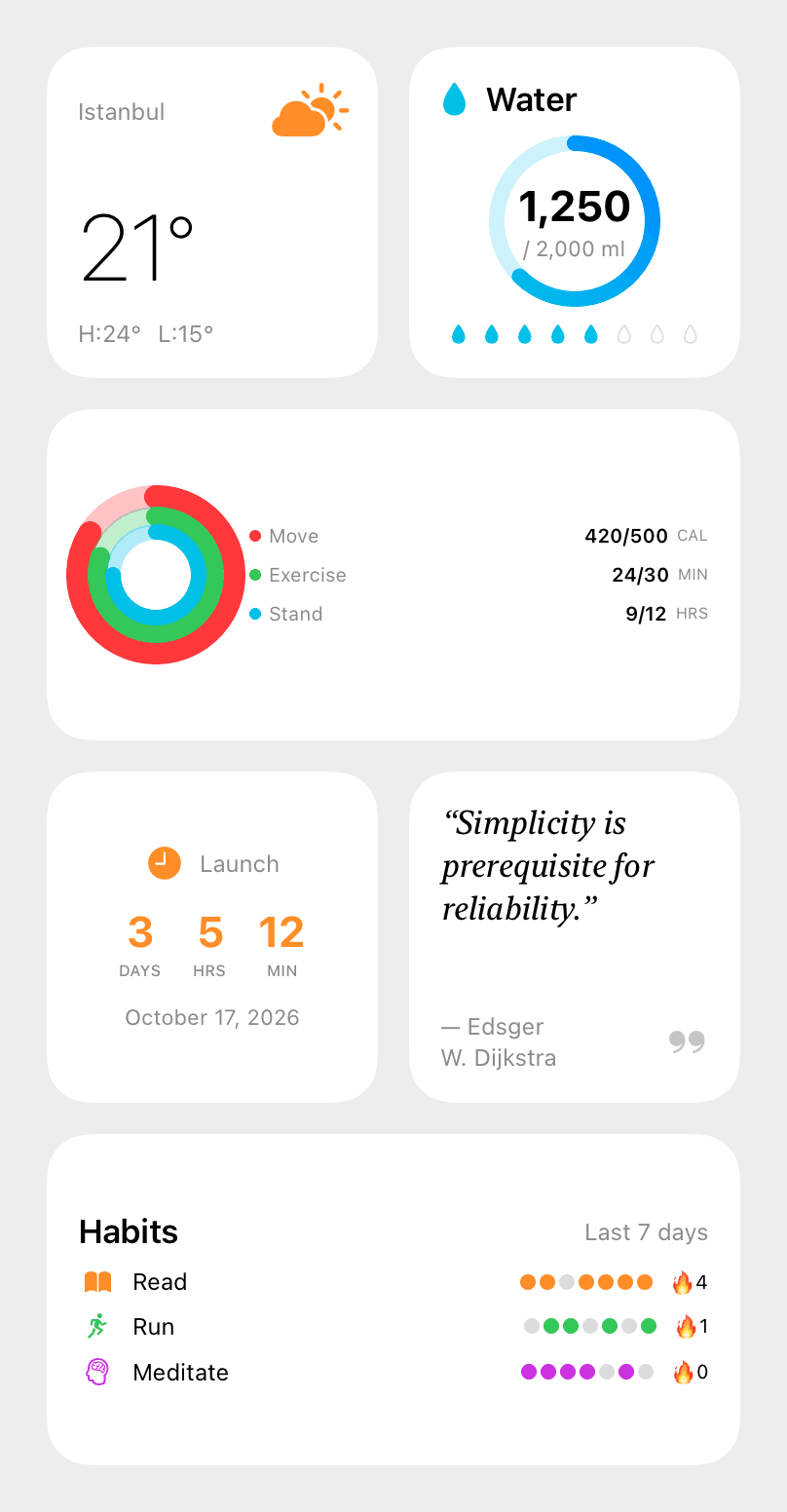 Wetter-, Wasser-, Fitness-, Countdown-, Zitat- und Habit-Widgets, gerendert aus dem Package