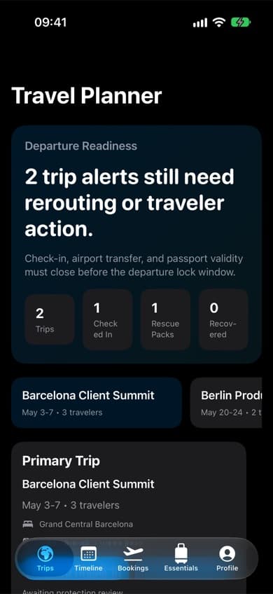 Travel-Planner-Template, dunkles Erscheinungsbild