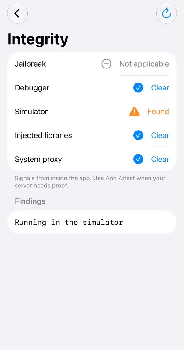 Integritätsbericht im Simulator: Jailbreak-Prüfung nicht anwendbar, Simulator erkannt; Debugger, injizierte Bibliotheken und Proxy sauber