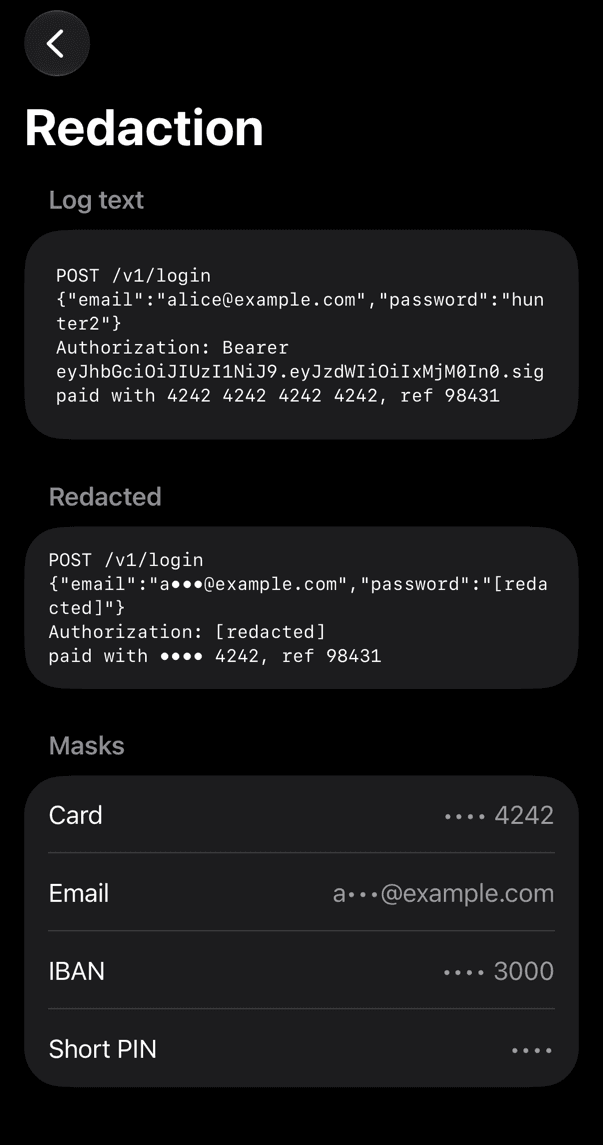 Ein Log-Text mit einer E-Mail, einem Passwort, einem Bearer-Token und einer Kartennummer, und darunter die maskierte Version, Dark Mode