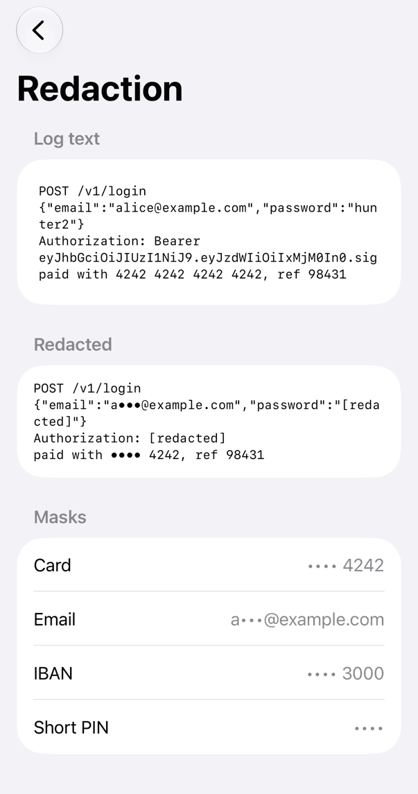 Ein Log-Text mit einer E-Mail, einem Passwort, einem Bearer-Token und einer Kartennummer, und darunter die maskierte Version