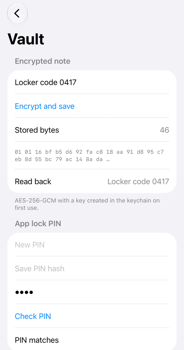 Eine Notiz, die als 46 Bytes in den Keychain verschlüsselt und zurückgelesen wird, und eine PIN, die gegen ihren gespeicherten Hash geprüft wird
