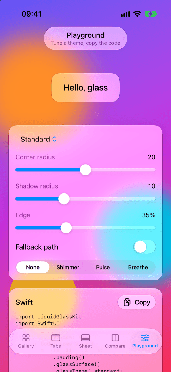 Bir temayı slider'larla ayarlayıp dışa aktarılan Swift kodunu gösteren Playground ekranı