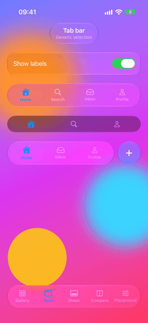 Aksiyon butonlu ve badge'li yüzen glass tab bar'lar, koyu mod