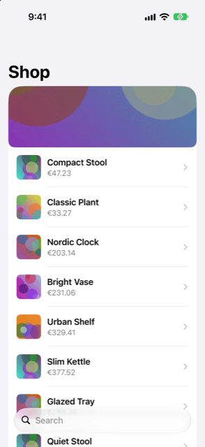 Testlerin ölçtüğü fixture uygulaması SampleShop 2.0, iOS 27 Simulator'da çalışırken