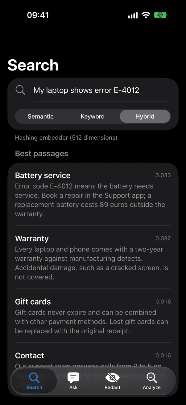 شاشة بحث KnowledgeDemo على محاكي iPhone، الوضع الداكن
