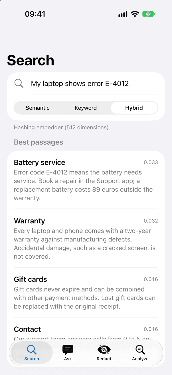 شاشة بحث KnowledgeDemo على محاكي iPhone، الوضع الفاتح
