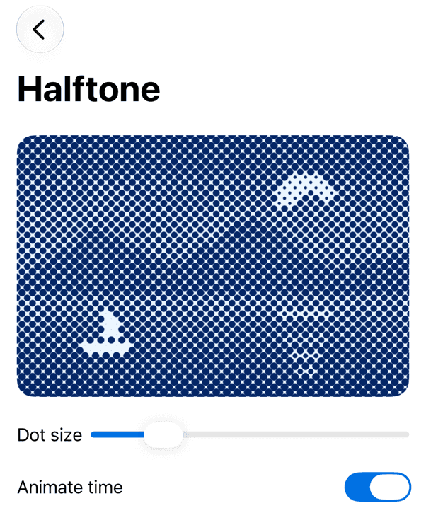 Örnek uygulamanın, nokta boyutu kaydırıcısı olan Halftone ekranı (iPhone simülatörü)