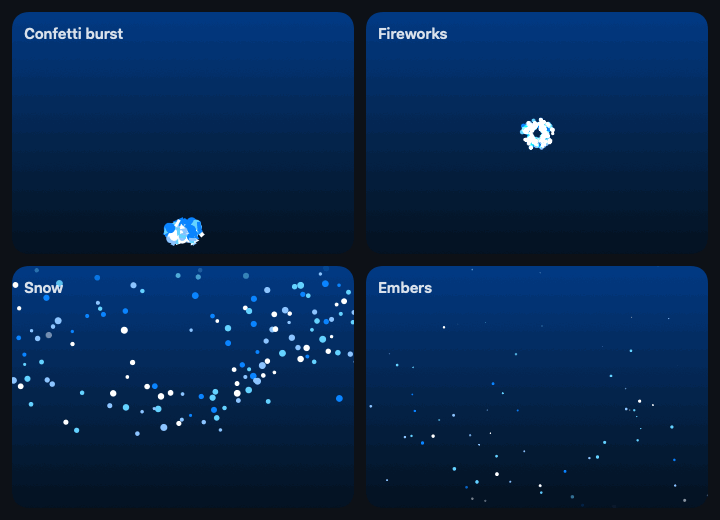 Confetti- und Feuerwerk-Ausbrüche, Schnee und Embers, gezeichnet von ParticleSystem, dunkles Theme