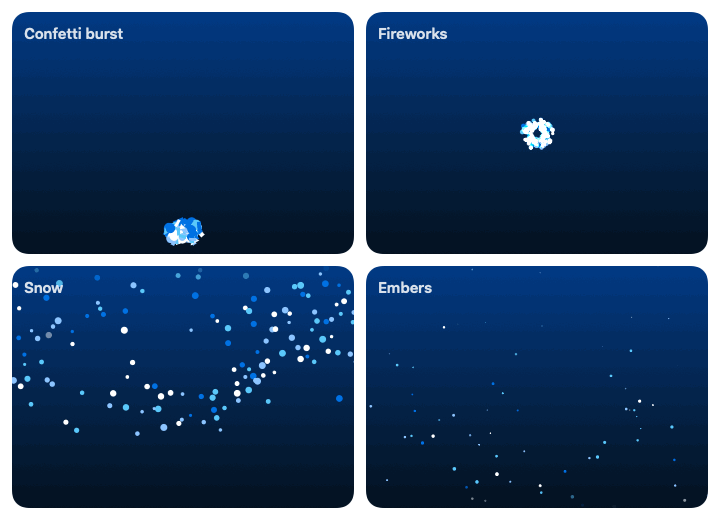 Confetti- und Feuerwerk-Ausbrüche, Schnee und Embers, gezeichnet von ParticleSystem