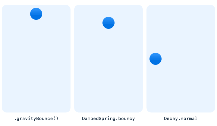 Ein mit gravityBounce fallender Ball, ein bouncy DampedSpring und ein Decay-Flick
