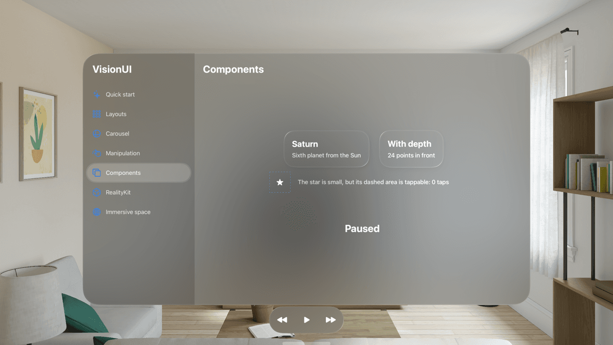 Die Komponenten-Seite: zwei Glaskarten, ein kleiner Stern mit größerer Tap-Fläche und eine Toolbar mit Zurück-, Play- und Vorwärts-Buttons, die unterhalb des Fensters angebracht ist